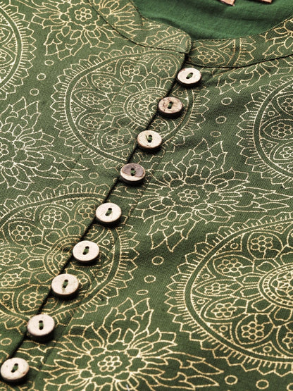 Women's Dark Green Foil Print Front Button Gathered Top