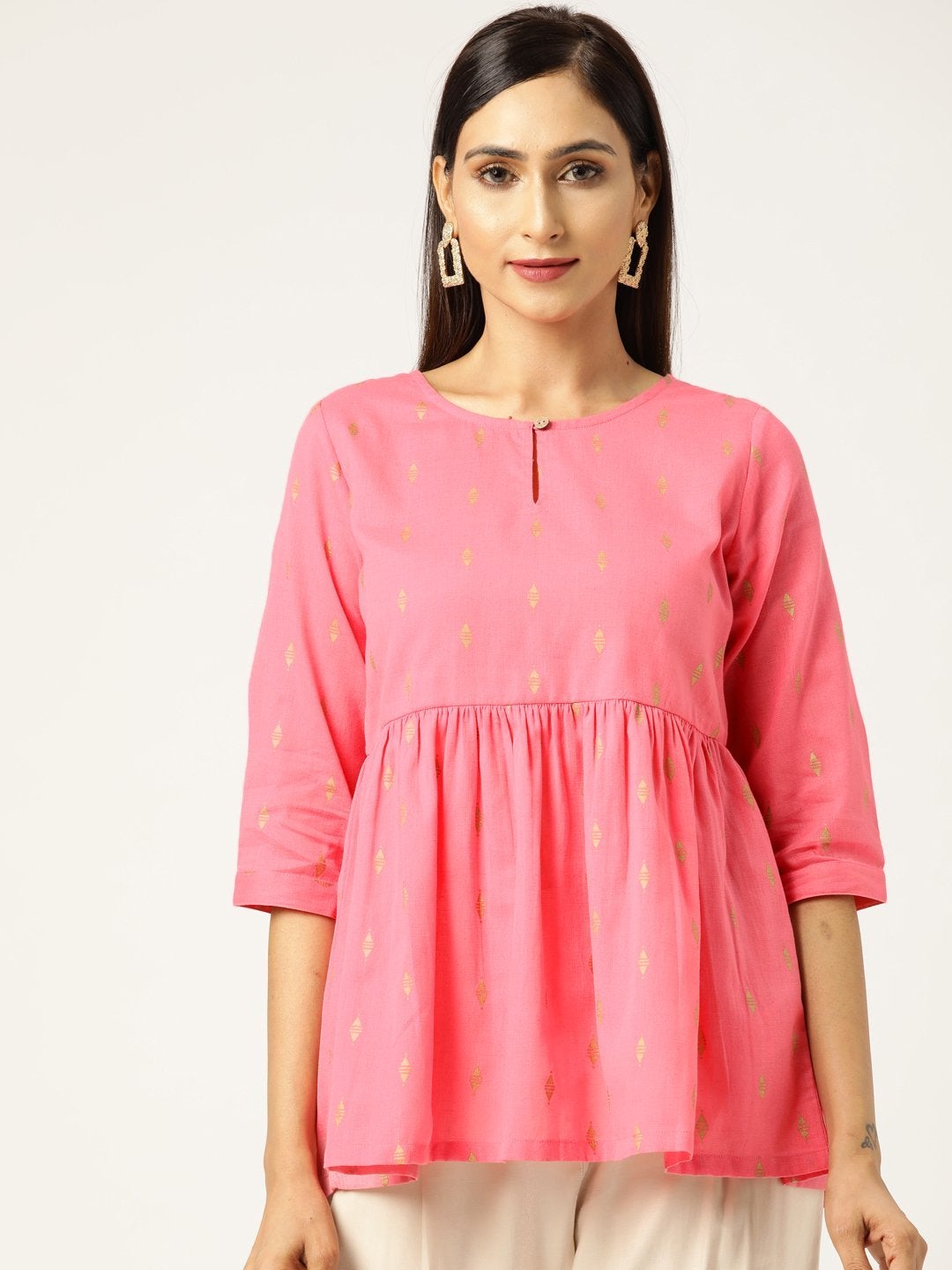 Women's Pink Foil Print Peplum Top