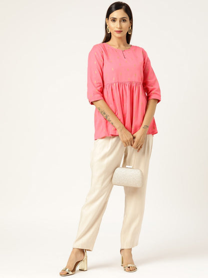 Women's Pink Foil Print Peplum Top