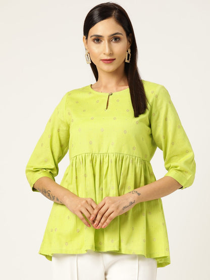 Women's Lime Green Foil Print Peplum Top