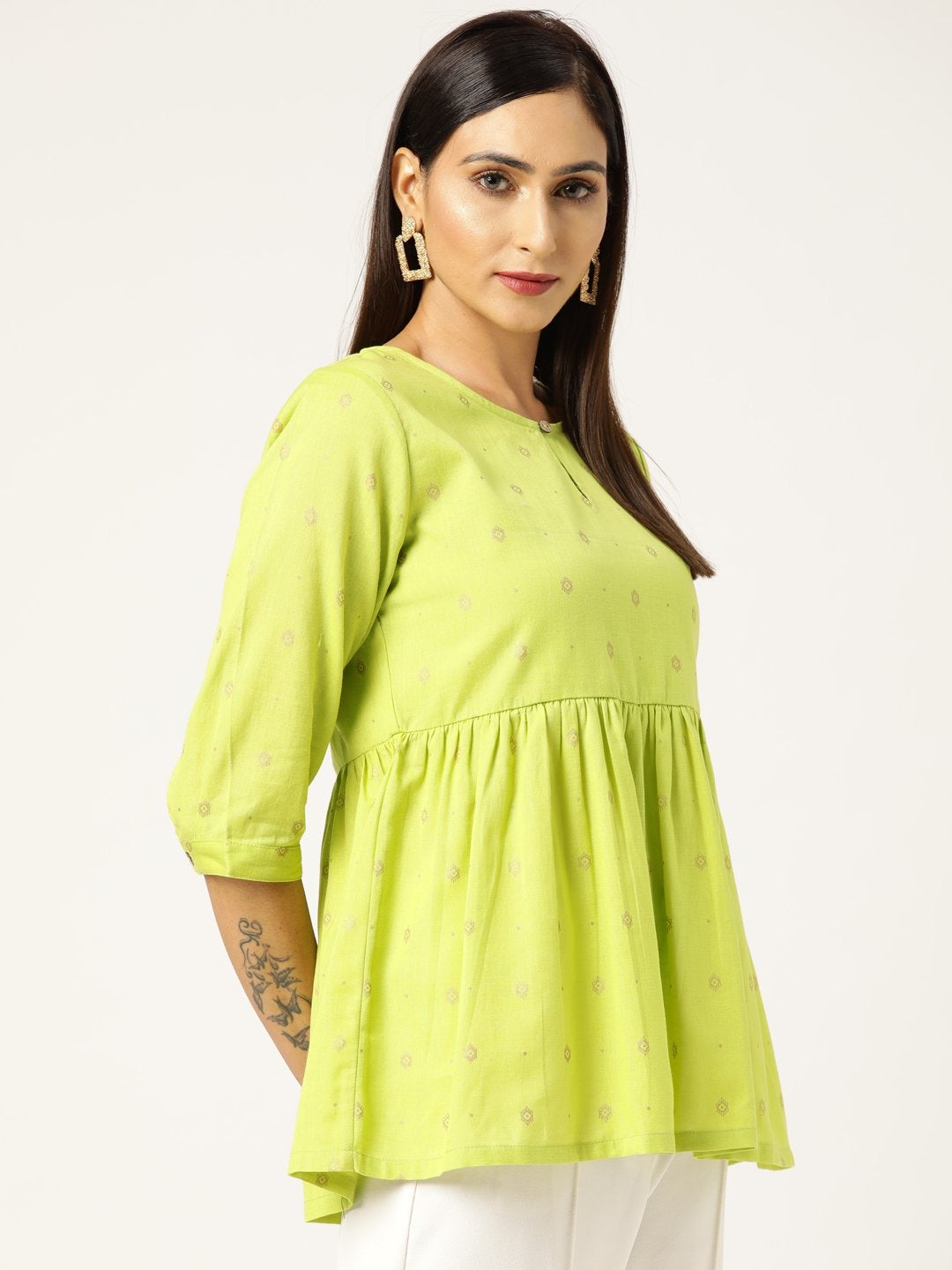 Women's Lime Green Foil Print Peplum Top