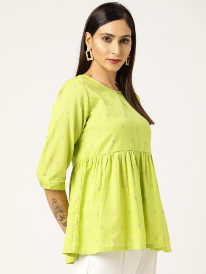 Women's Lime Green Foil Print Peplum Top