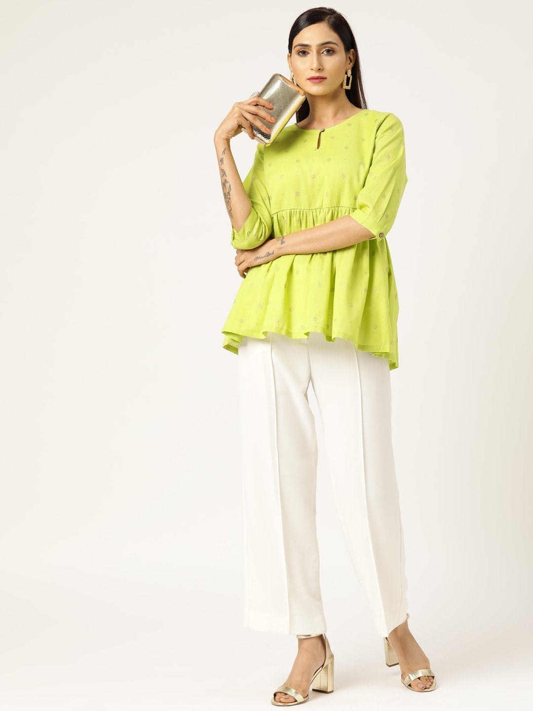 Women's Lime Green Foil Print Peplum Top