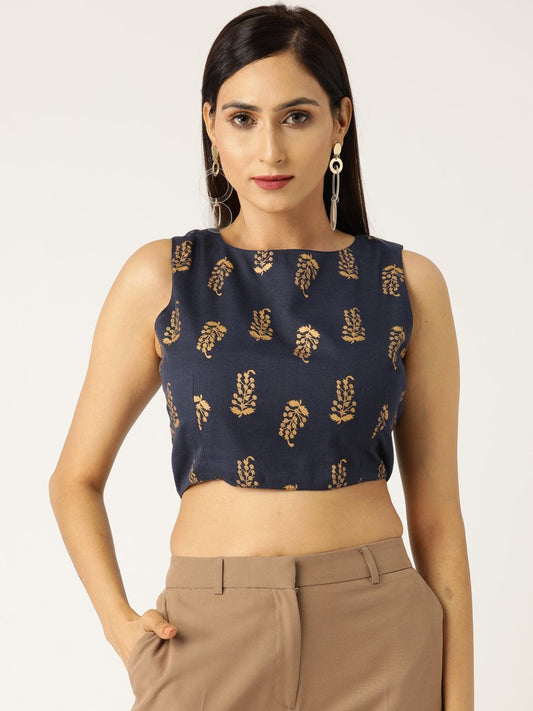 Women's Navy Foil Paisley Sleeveless Crop Top