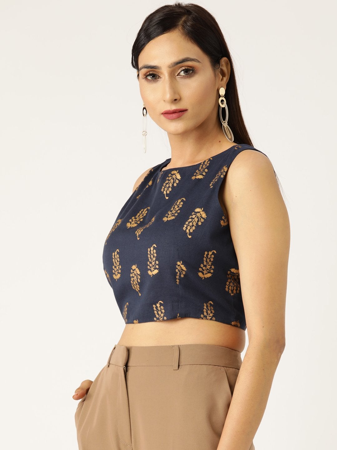 Women's Navy Foil Paisley Sleeveless Crop Top