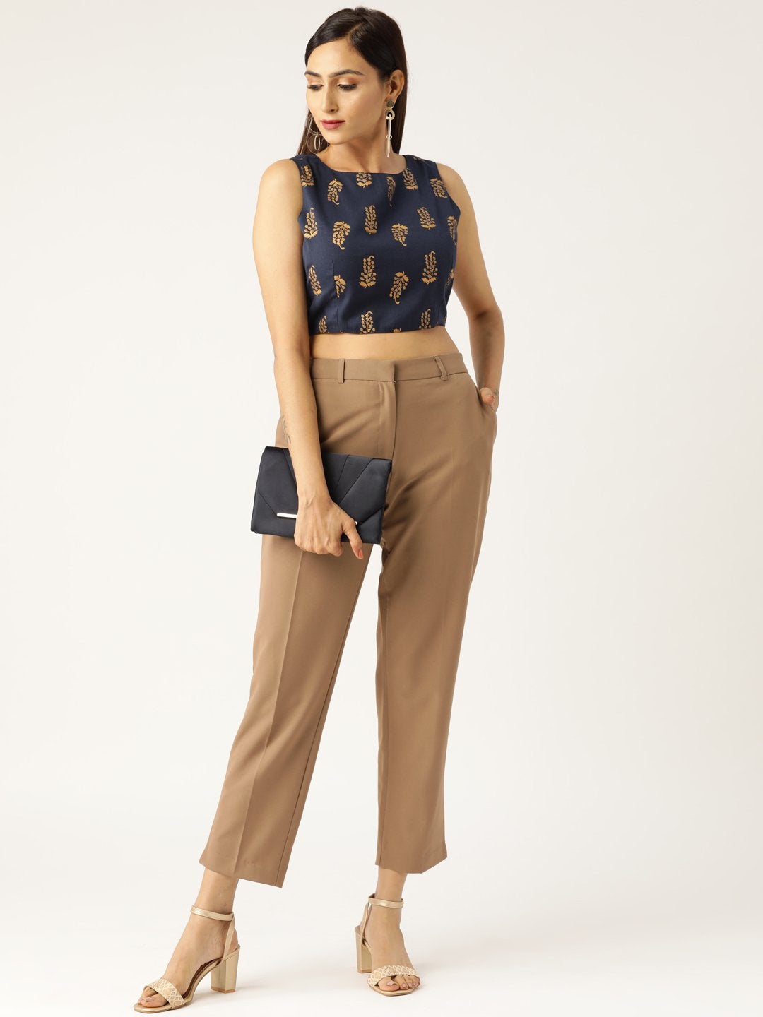Women's Navy Foil Paisley Sleeveless Crop Top