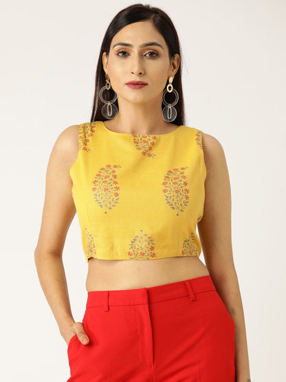 Women's Mustard Floral Foil Sleeveless Crop Top