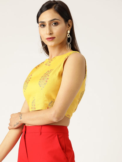 Women's Mustard Floral Foil Sleeveless Crop Top