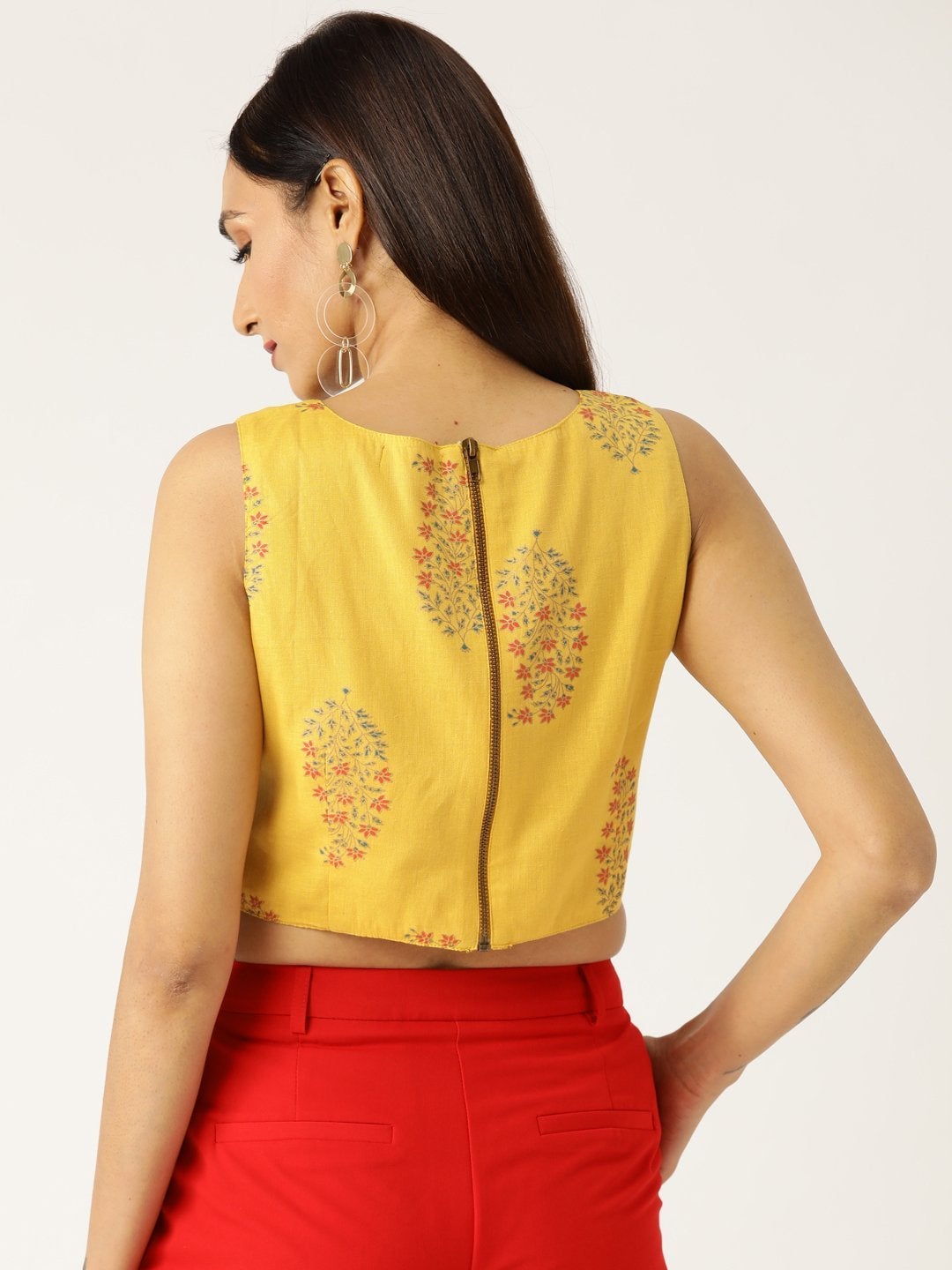 Women's Mustard Floral Foil Sleeveless Crop Top