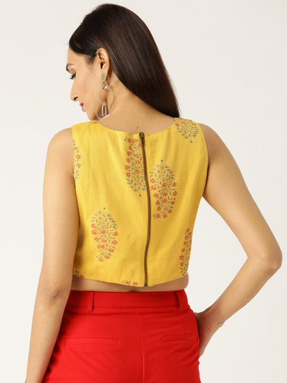 Women's Mustard Floral Foil Sleeveless Crop Top
