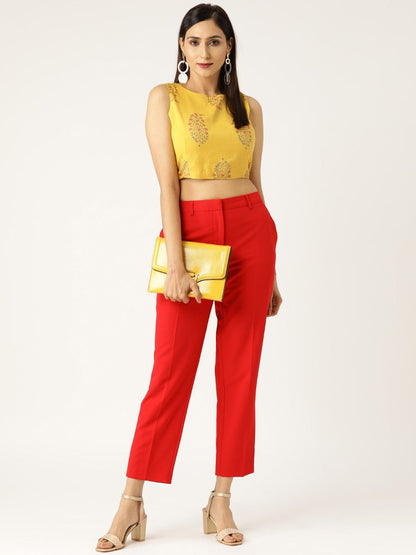 Women's Mustard Floral Foil Sleeveless Crop Top