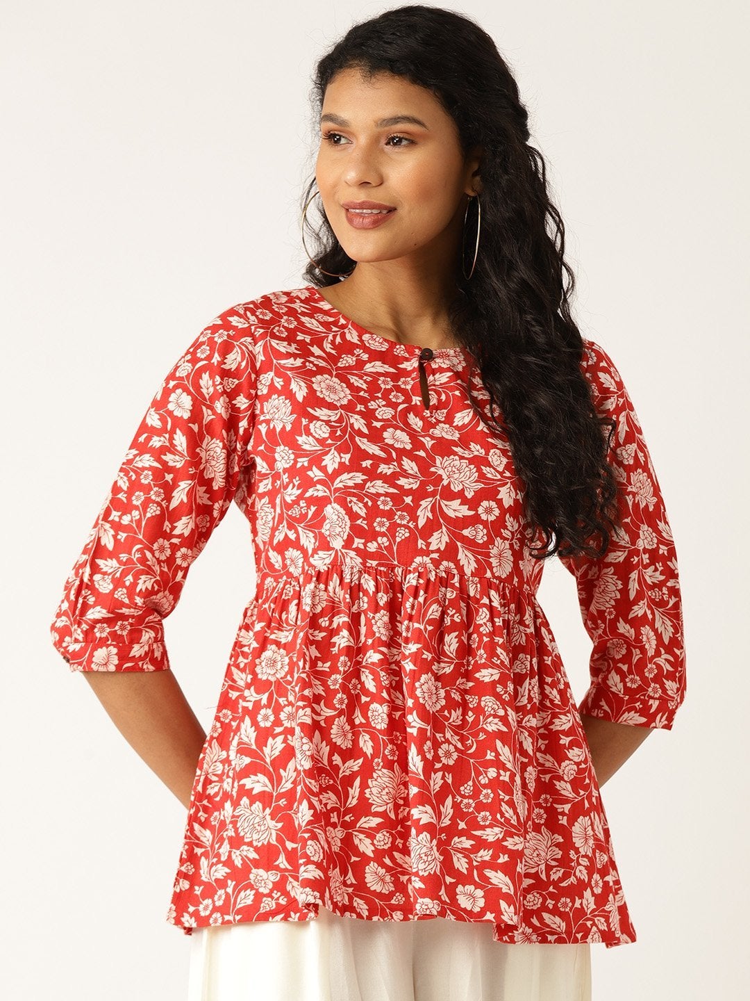 Women's Red Floral Front Keyhole Peplum Top