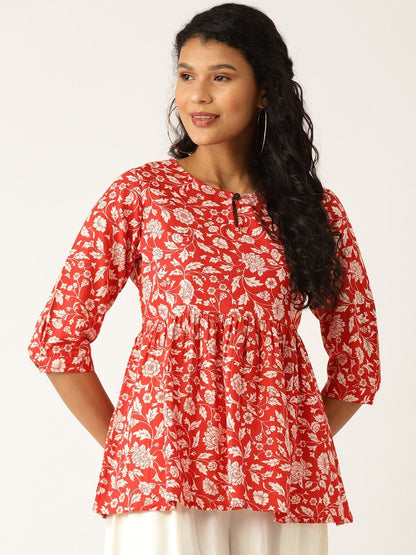 Women's Red Floral Front Keyhole Peplum Top