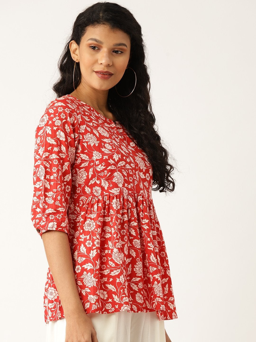 Women's Red Floral Front Keyhole Peplum Top