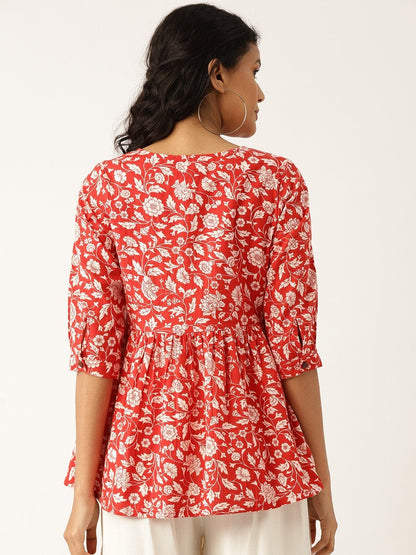 Women's Red Floral Front Keyhole Peplum Top