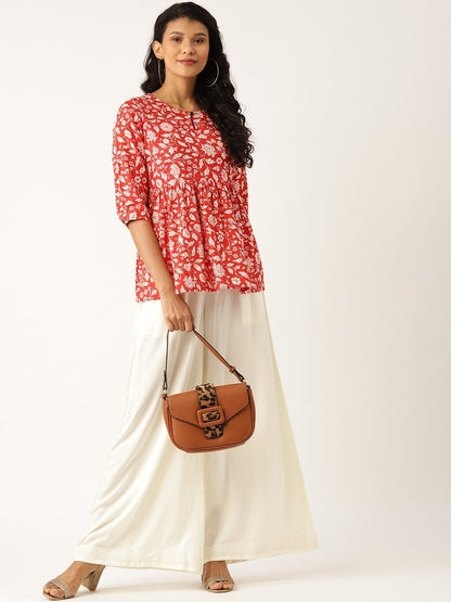 Women's Red Floral Front Keyhole Peplum Top