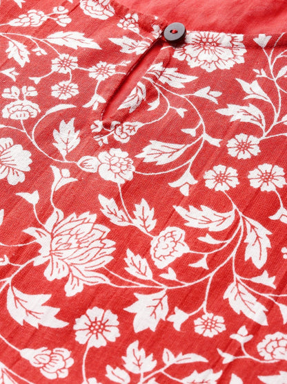 Women's Red Floral Front Keyhole Peplum Top
