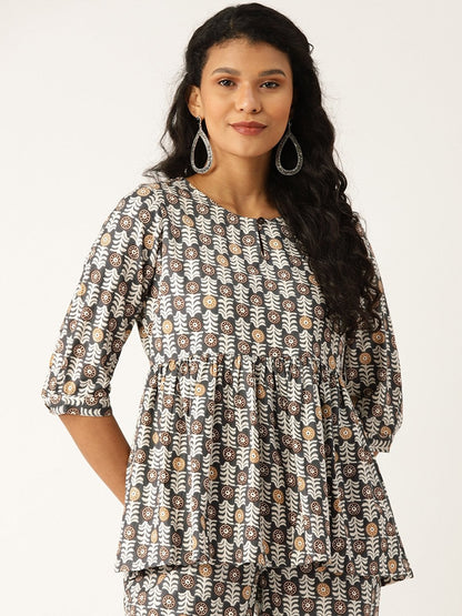 Women's Grey Floral Front Keyhole Peplum Top