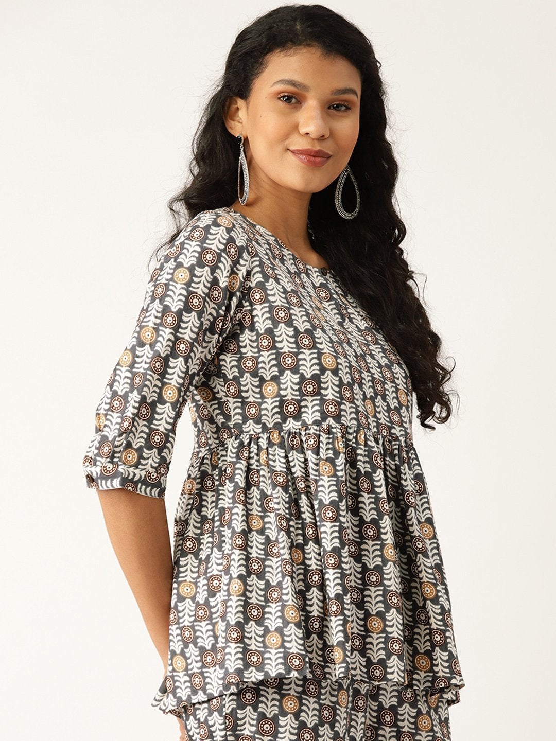 Women's Grey Floral Front Keyhole Peplum Top