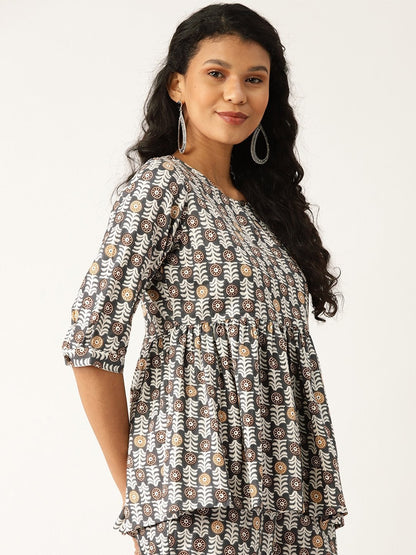 Women's Grey Floral Front Keyhole Peplum Top