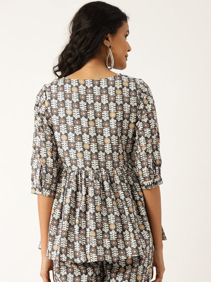 Women's Grey Floral Front Keyhole Peplum Top