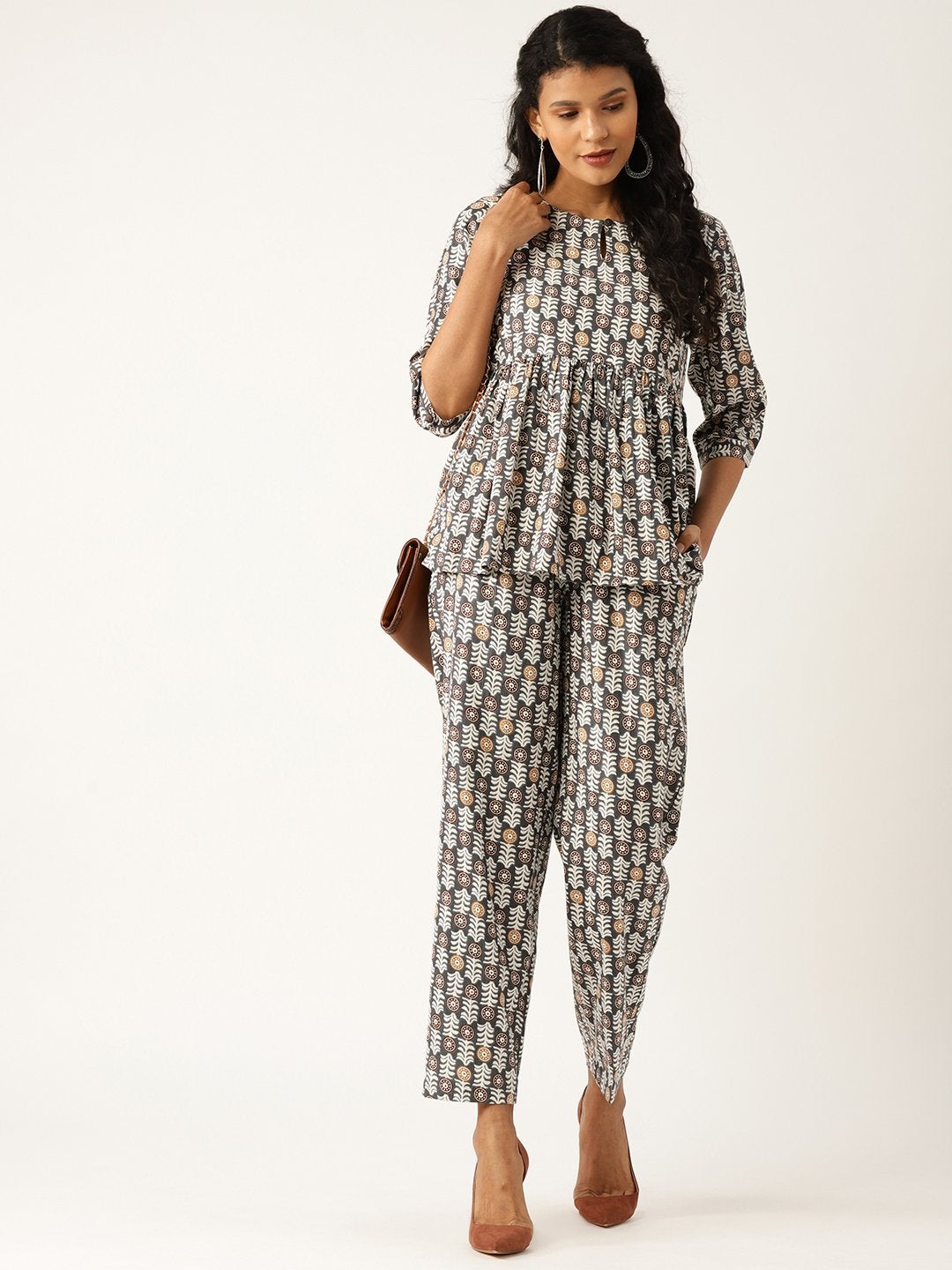 Women's Grey Floral Front Keyhole Peplum Top