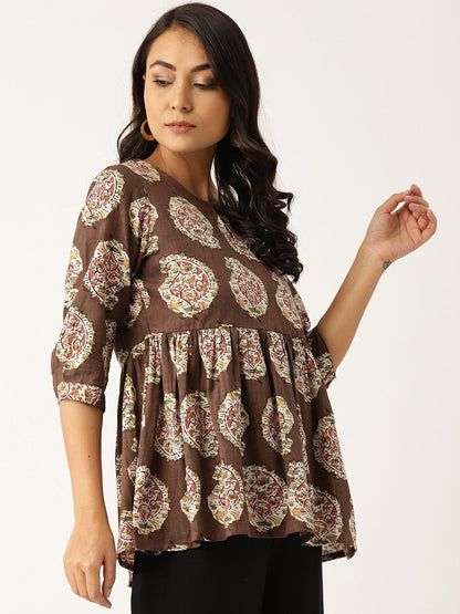 Women's Brown Paisely Front Keyhole Peplum Top