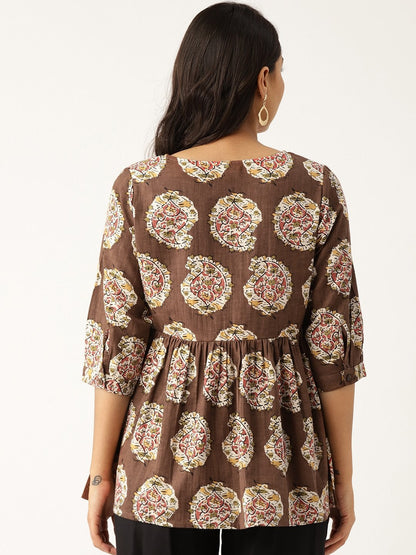Women's Brown Paisely Front Keyhole Peplum Top