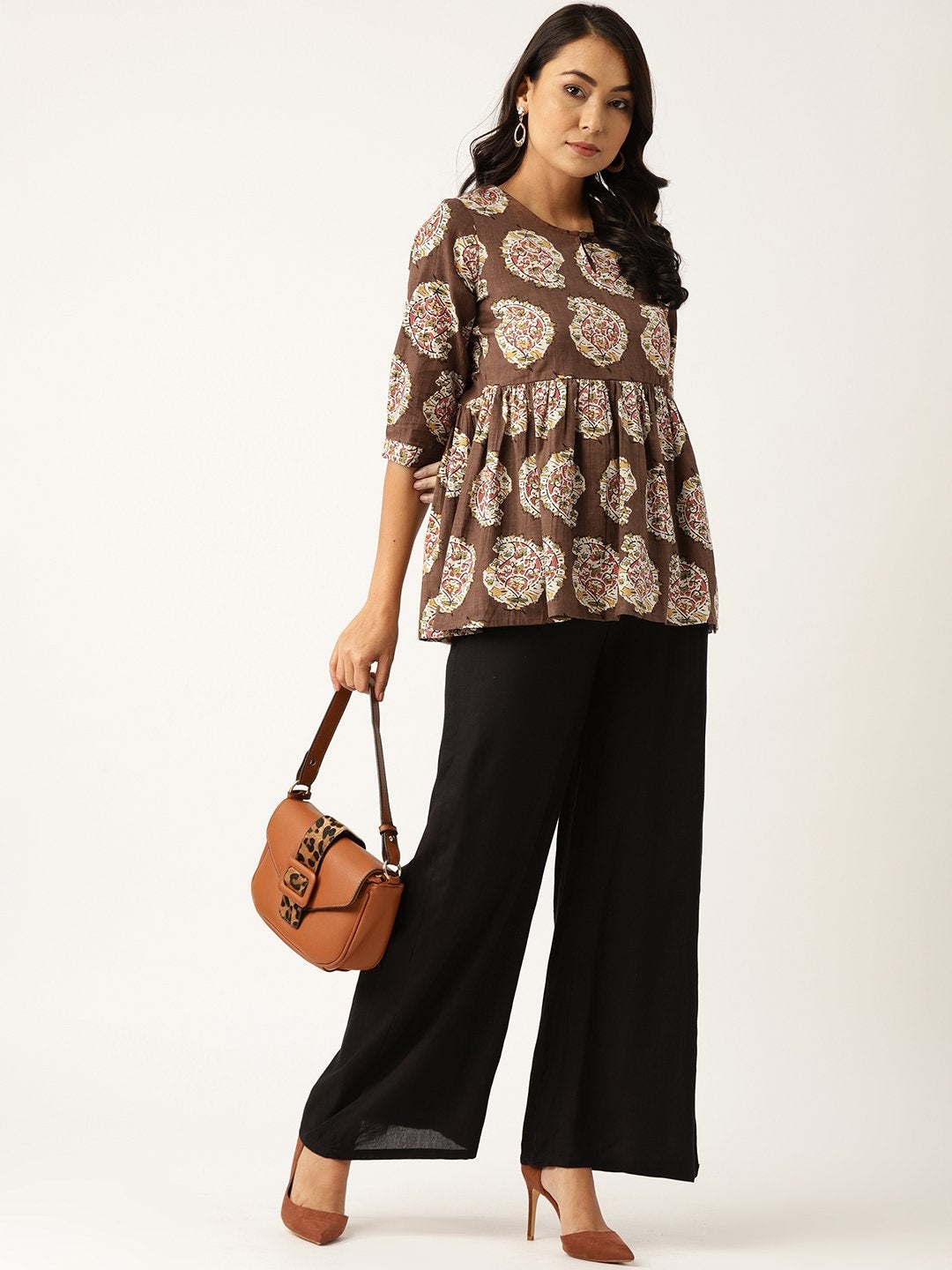 Women's Brown Paisely Front Keyhole Peplum Top