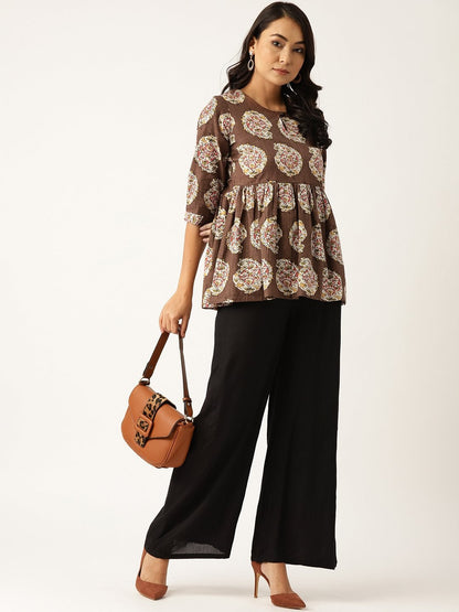 Women's Brown Paisely Front Keyhole Peplum Top