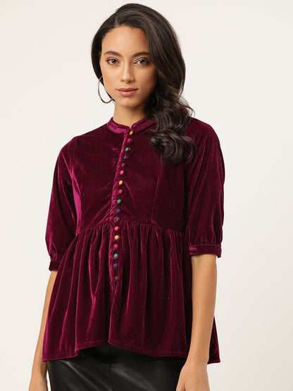 Women's Burgundy Velvet Front Button Gathered Top