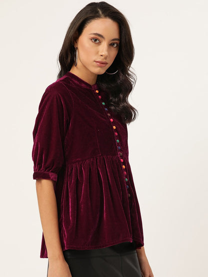 Women's Burgundy Velvet Front Button Gathered Top