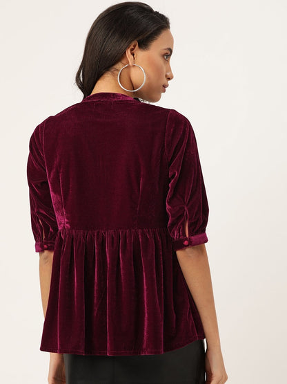 Women's Burgundy Velvet Front Button Gathered Top