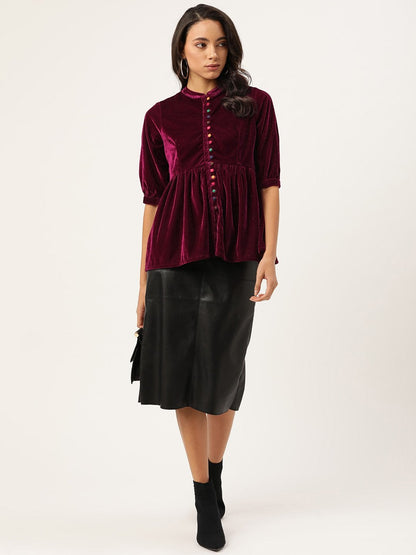 Women's Burgundy Velvet Front Button Gathered Top