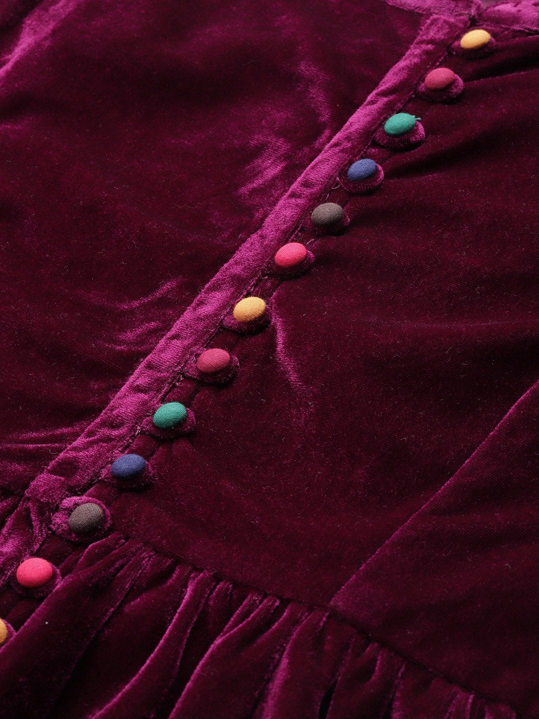 Women's Burgundy Velvet Front Button Gathered Top