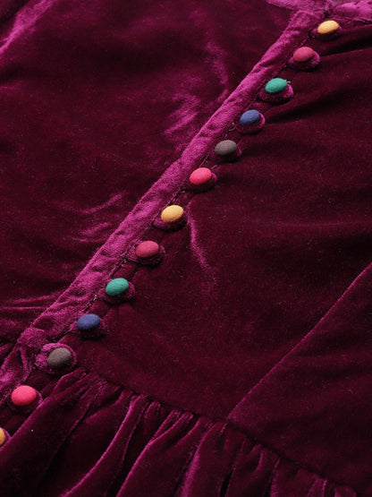 Women's Burgundy Velvet Front Button Gathered Top