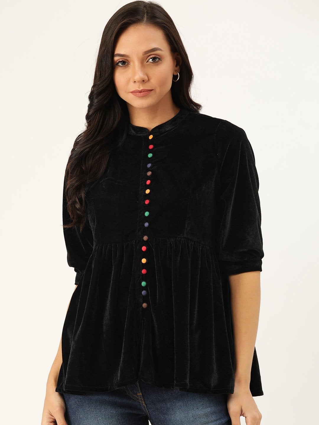 Women's Black Velvet Front Button Gathered Top