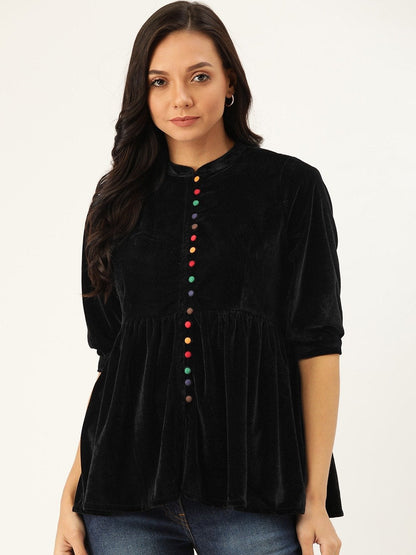 Women's Black Velvet Front Button Gathered Top