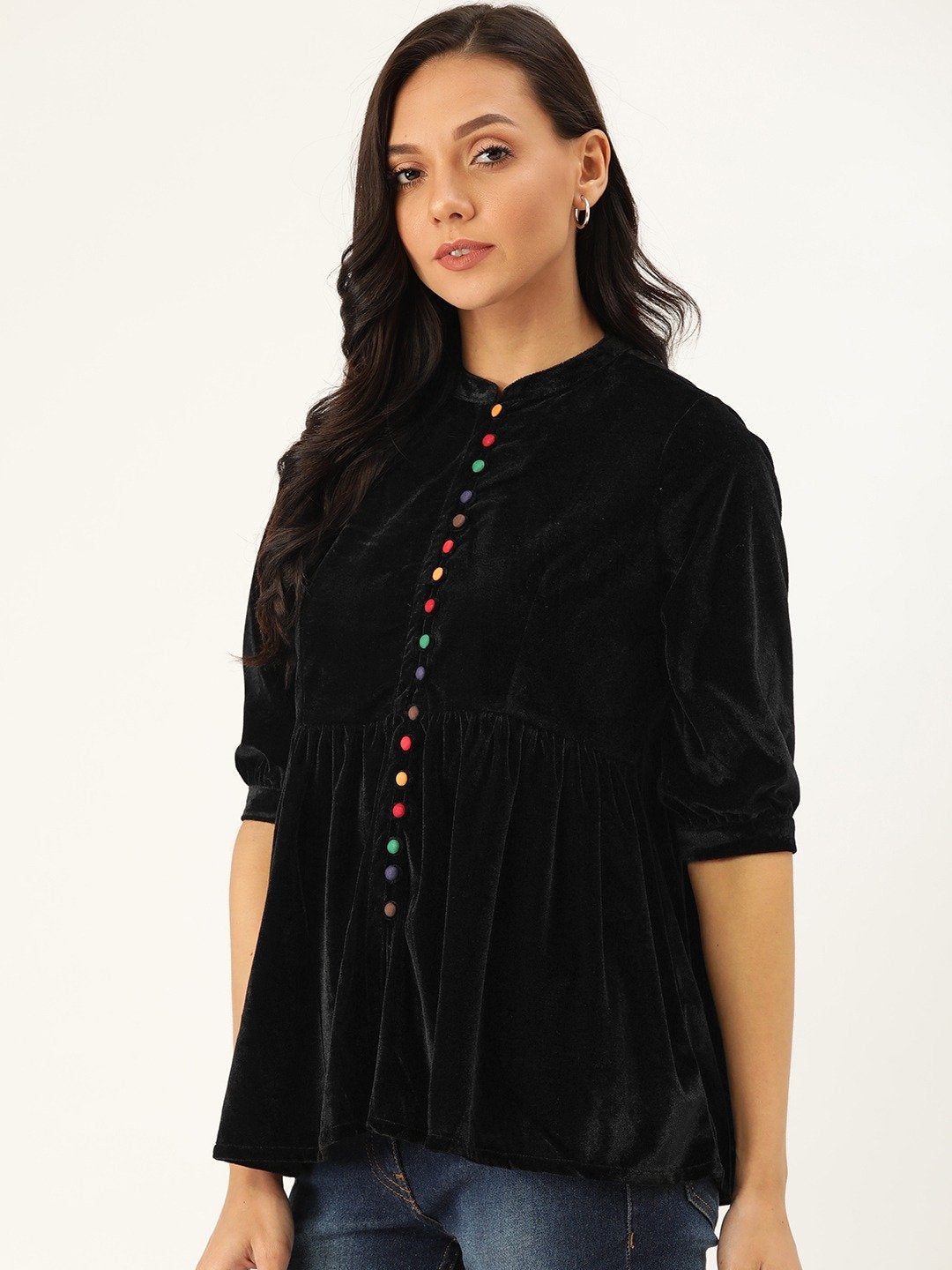 Women's Black Velvet Front Button Gathered Top