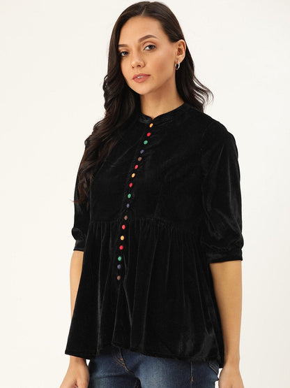 Women's Black Velvet Front Button Gathered Top