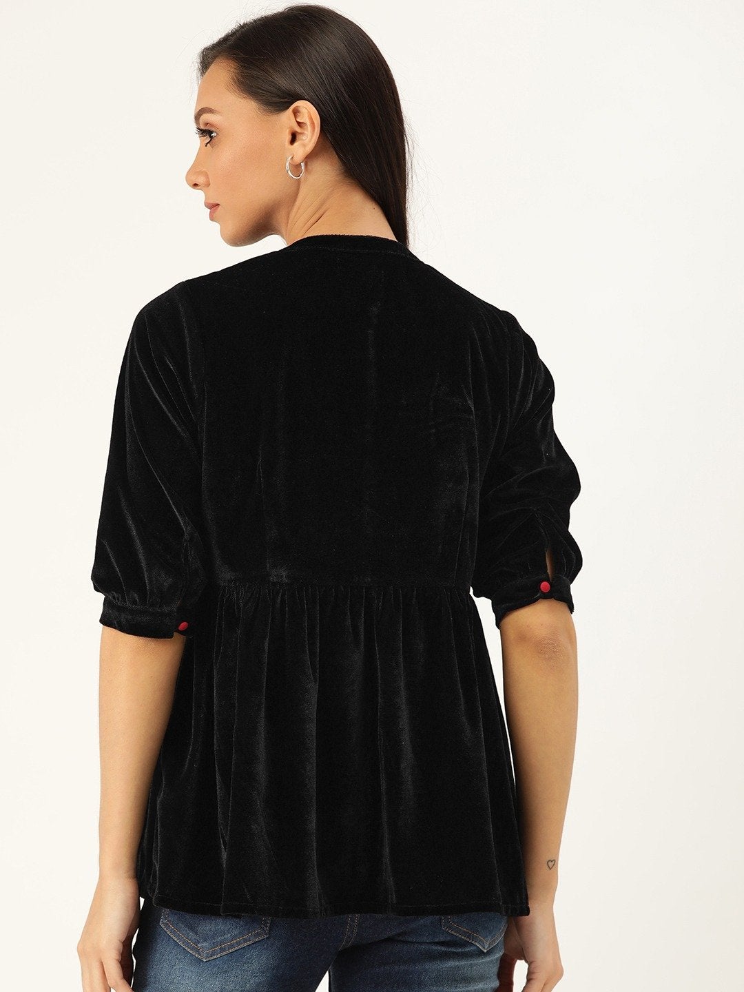 Women's Black Velvet Front Button Gathered Top
