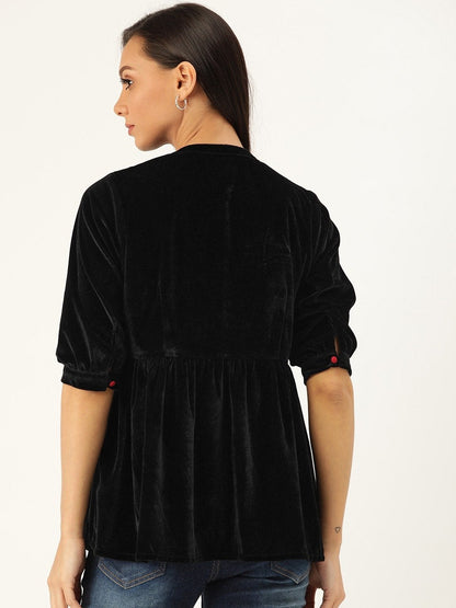 Women's Black Velvet Front Button Gathered Top