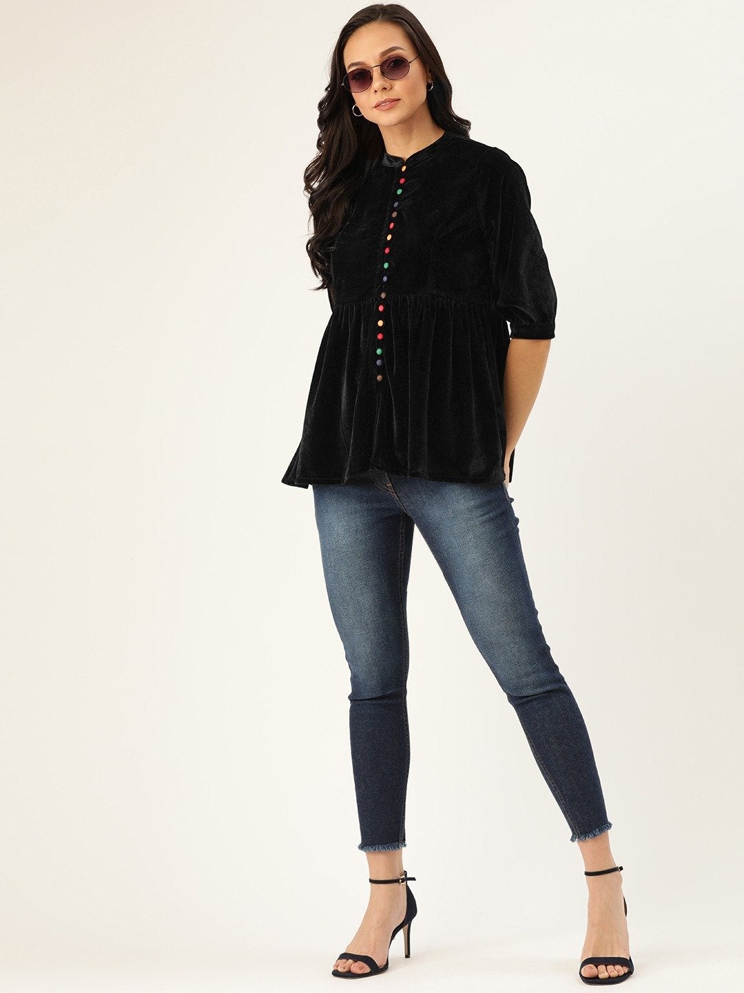 Women's Black Velvet Front Button Gathered Top