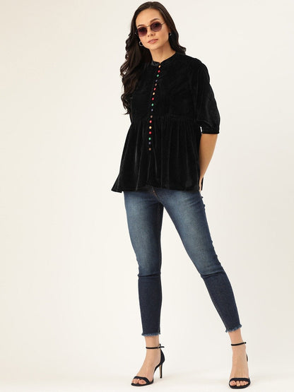 Women's Black Velvet Front Button Gathered Top