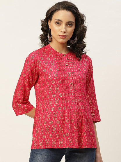 Women's Fuchsia Foil Pleated Front Button Top