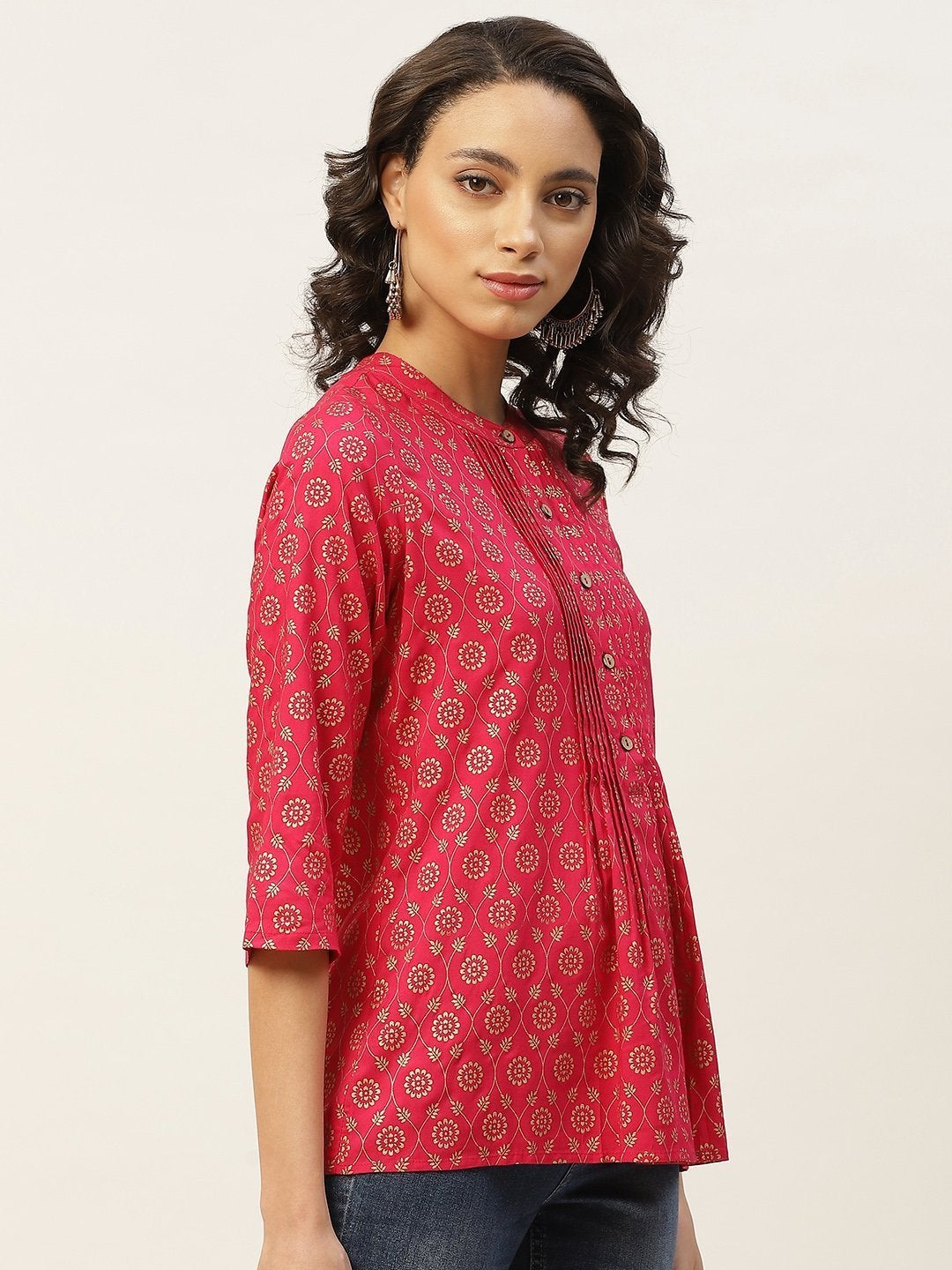 Women's Fuchsia Foil Pleated Front Button Top