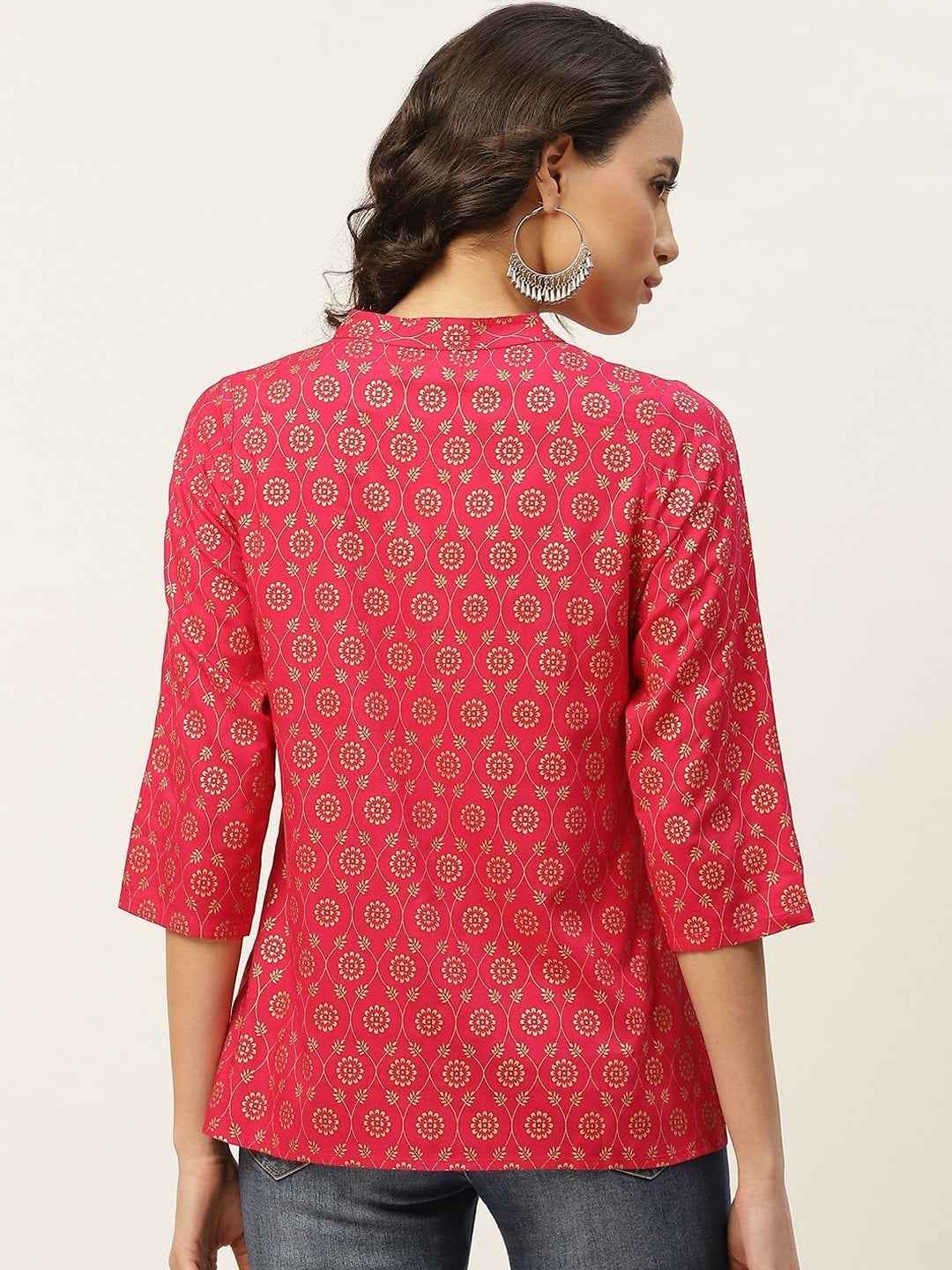 Women's Fuchsia Foil Pleated Front Button Top