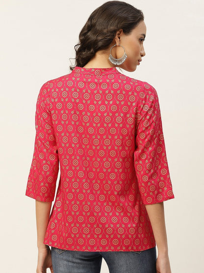 Women's Fuchsia Foil Pleated Front Button Top
