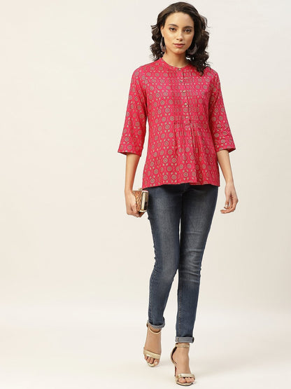 Women's Fuchsia Foil Pleated Front Button Top
