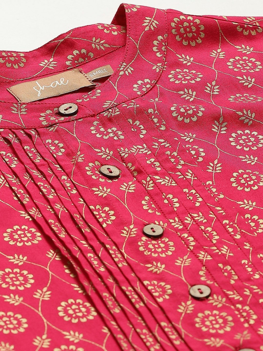 Women's Fuchsia Foil Pleated Front Button Top